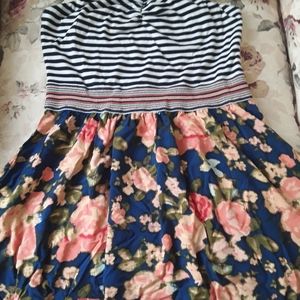 Strapless Bandeau Style Striped Floral Dress